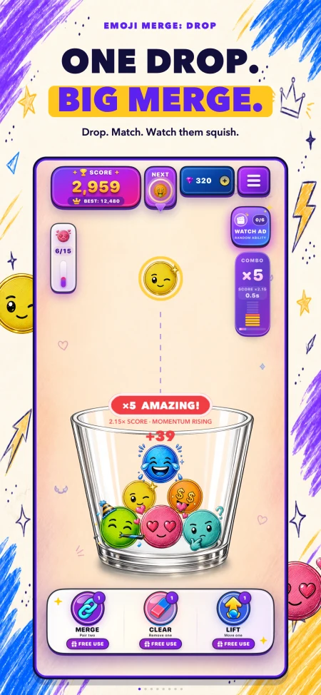 Emoji Merge App Store preview showing a character drop above a glass filled with colorful emoji characters.