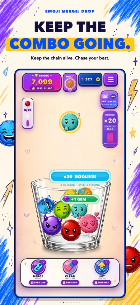 Emoji Merge App Store preview showing a high combo multiplier and a glass packed with expressive characters.